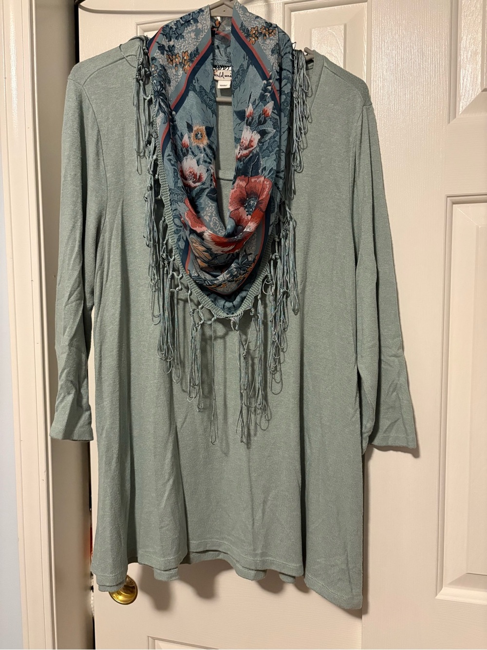 Women's Sage Green Lightweight Sweater Tunic with Removable Fringe Scarf